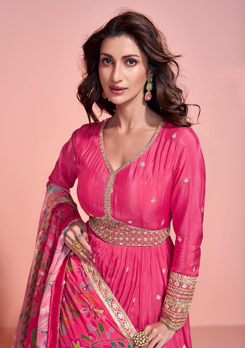 Pink Embroidered Silk Kurta With Dupatta - Indya