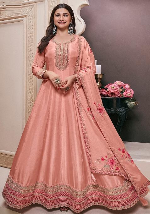 Peach Embroidered Silk Kurta With Dupatta