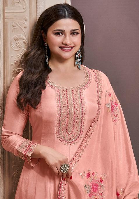 Peach Embroidered Silk Kurta With Dupatta