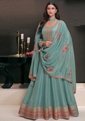 Teal Embroidered Silk Kurta With Dupatta