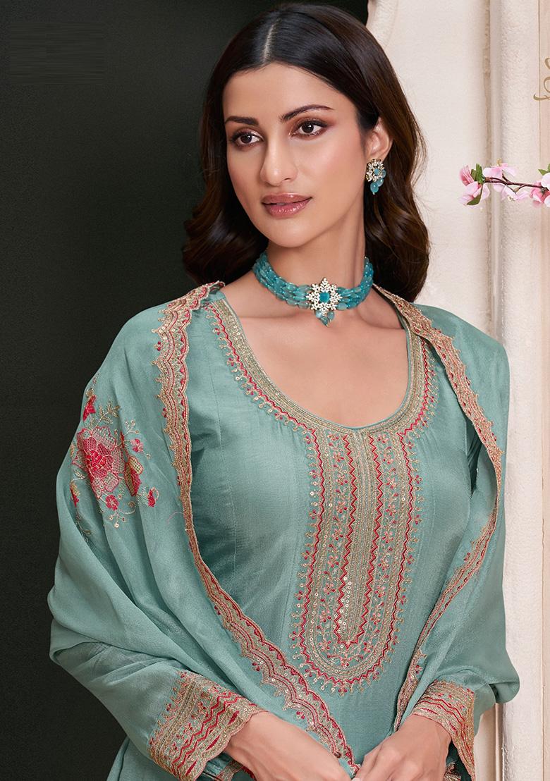 Teal Embroidered Silk Kurta With Dupatta - Indya
