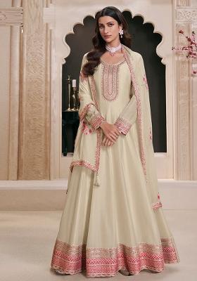 Beige Embroidered Silk Kurta With Dupatta