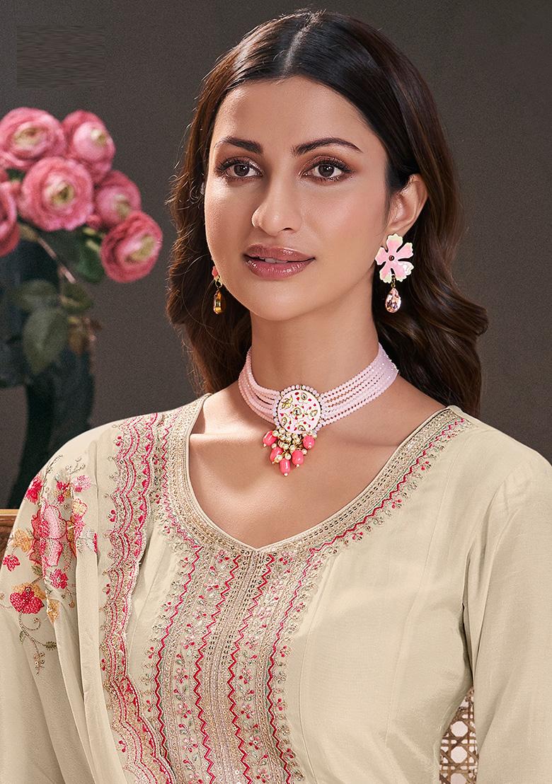 Beige Embroidered Silk Kurta With Dupatta