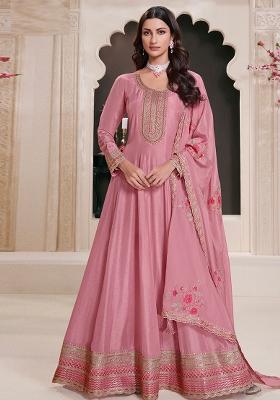 Pink Embroidered Silk Kurta With Dupatta