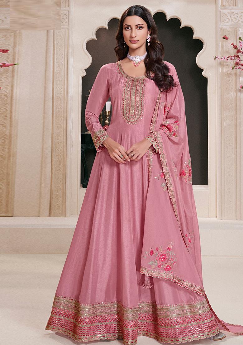 Pink Embroidered Silk Kurta With Dupatta