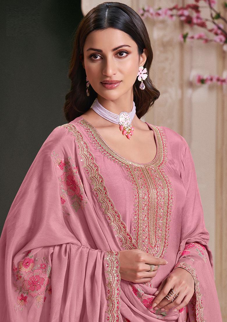Pink Embroidered Silk Kurta With Dupatta - Indya