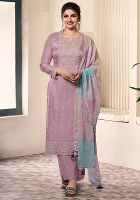 Lavender Embroidered Silk Salwar Kameez With Dupatta