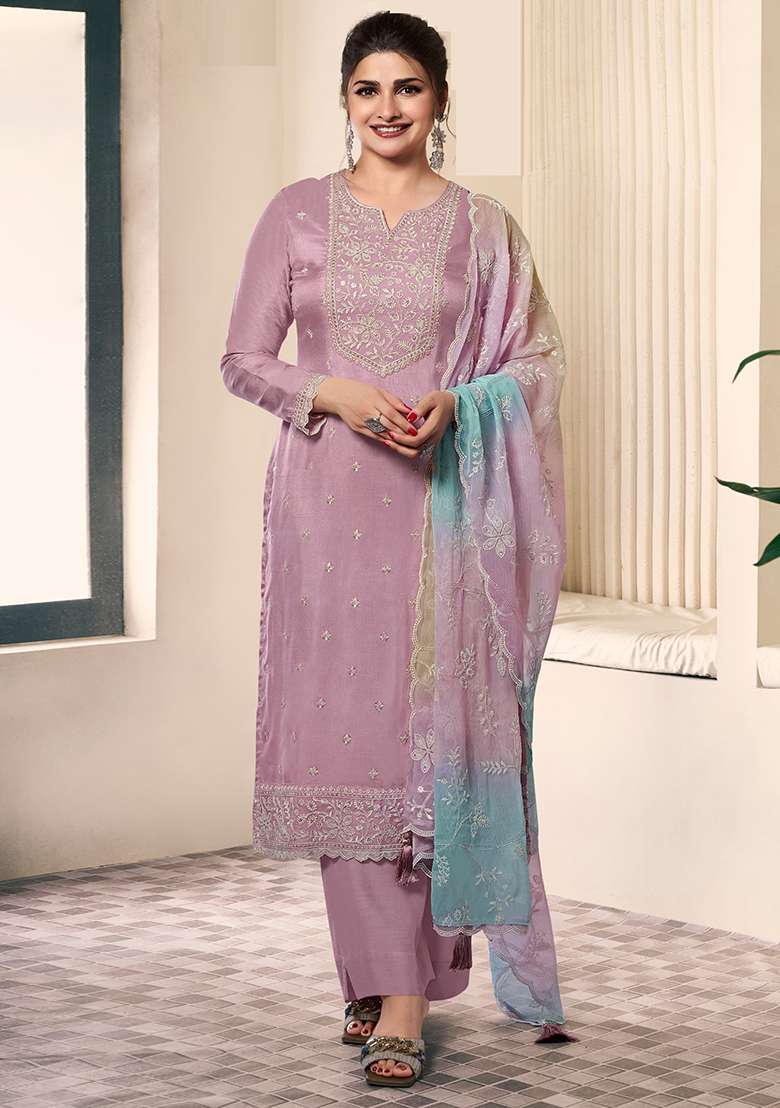 Lavender Embroidered Silk Blend Straight Kurta Set - Indya