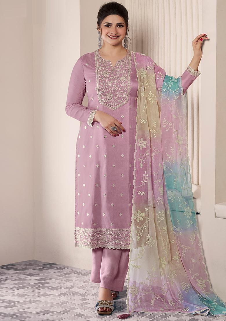 Lavender Embroidered Silk Salwar Kameez With Dupatta - Indya