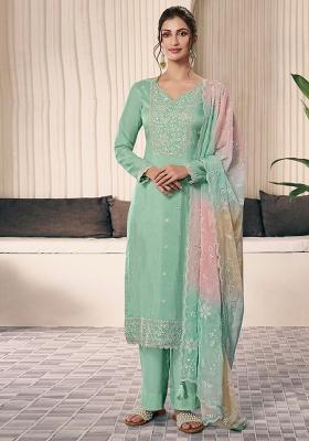 Green Embroidered Silk Salwar Kameez With Dupatta