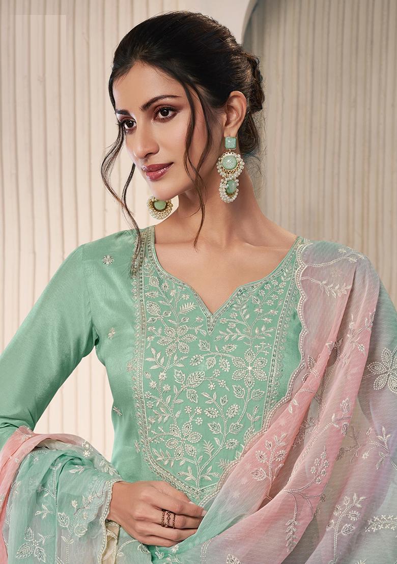 Green Embroidered Silk Salwar Kameez With Dupatta - Indya