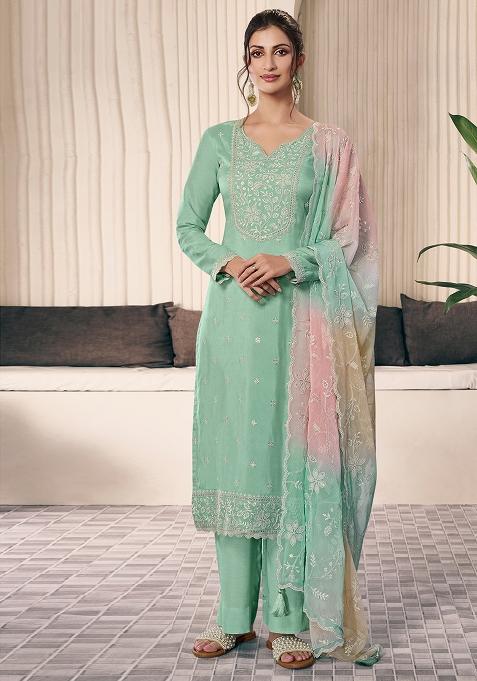 Green Embroidered Silk Straight Kurta Set