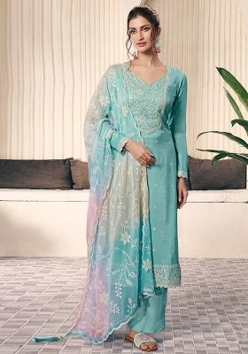 Aqua Blue Embroidered Silk Salwar Kameez With Dupatta