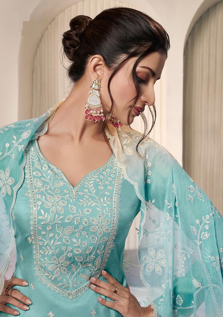 Aqua Blue Embroidered Silk Salwar Kameez With Dupatta - Indya