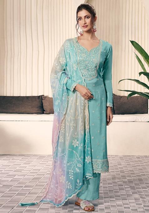 Aqua Blue Embroidered Silk Pakistani Suit Set