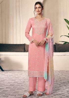 Peach Embroidered Silk Salwar Kameez With Dupatta