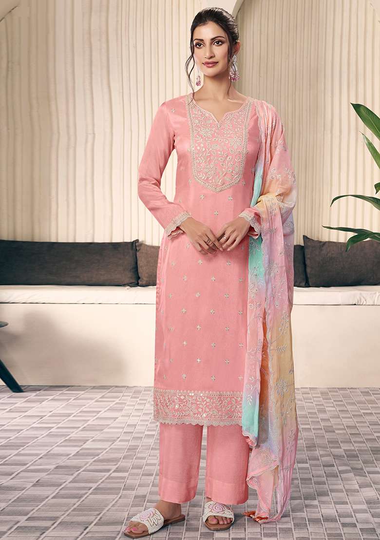 Peach Embroidered Silk Blend Straight Kurta Set - Indya