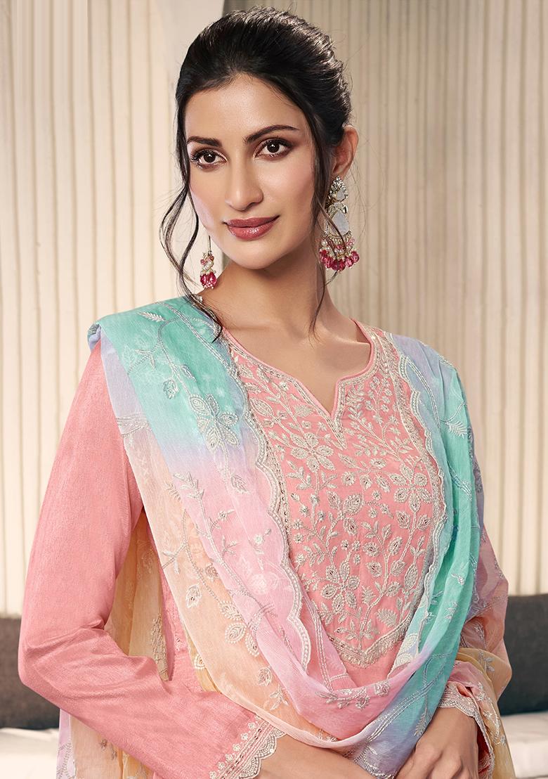 Peach Embroidered Silk Salwar Kameez With Dupatta - Indya