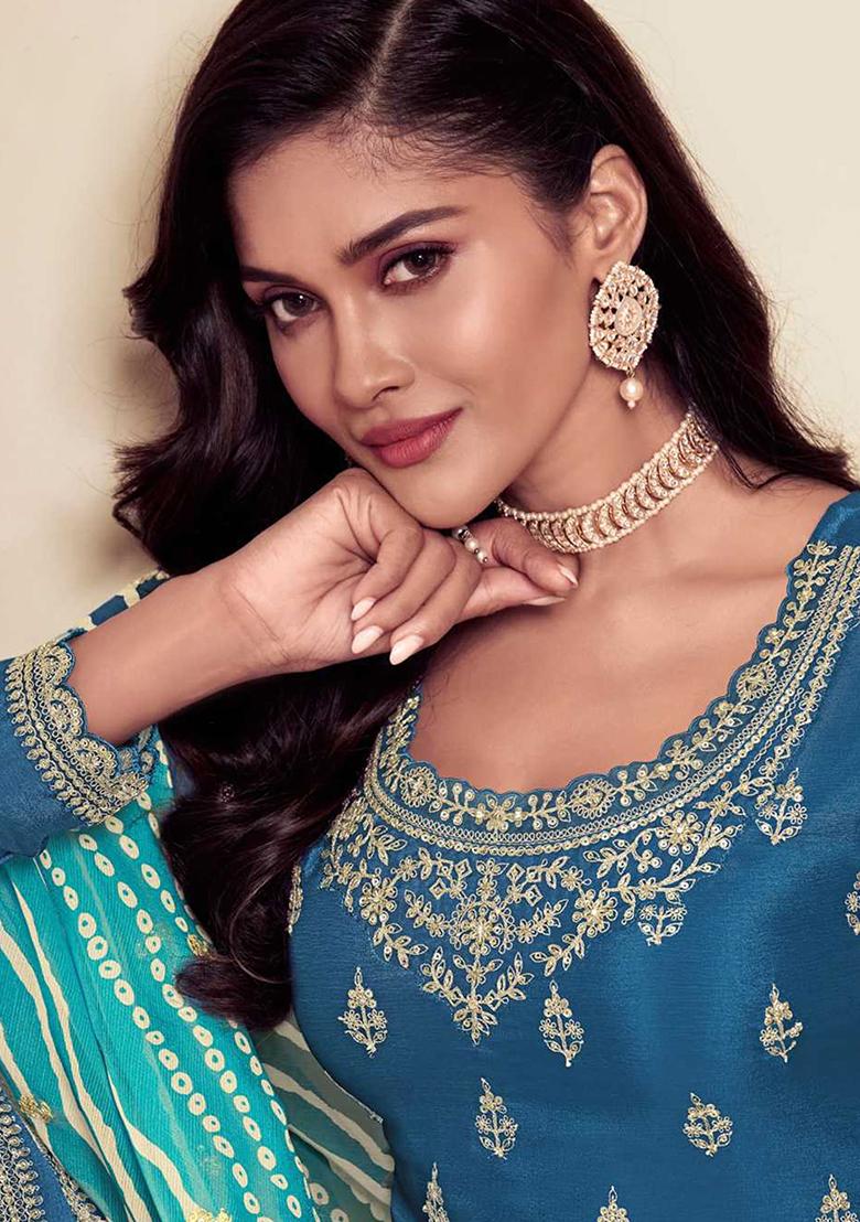 Teal Embroidered Silk Salwar Kameez With Dupatta - Indya