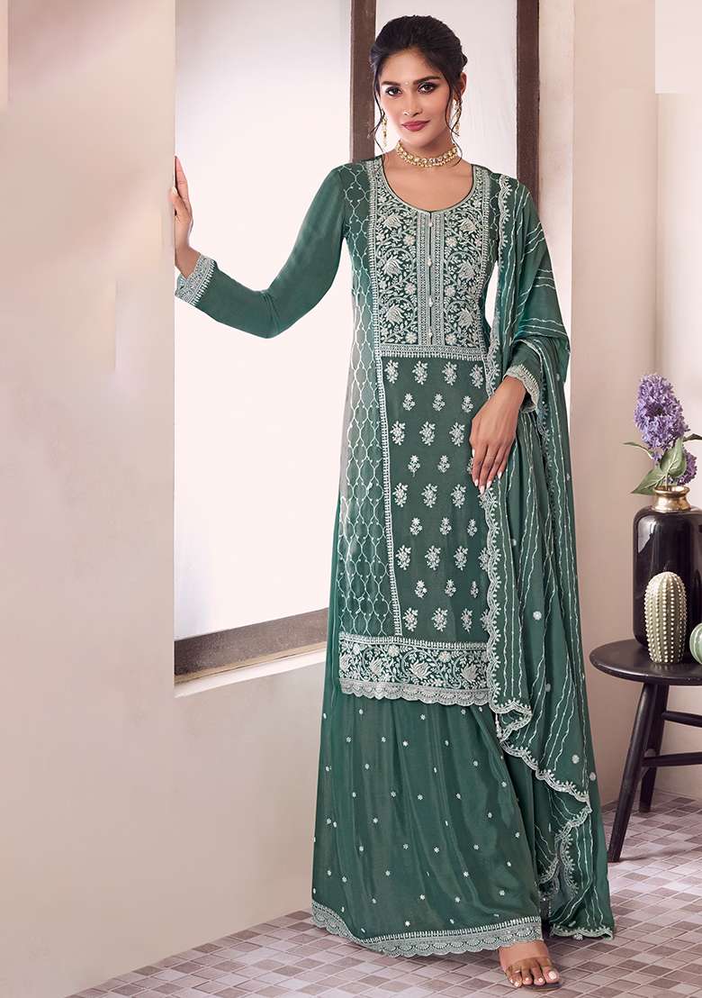 Green Embroidered Silk Blend Sharara Set - Indya
