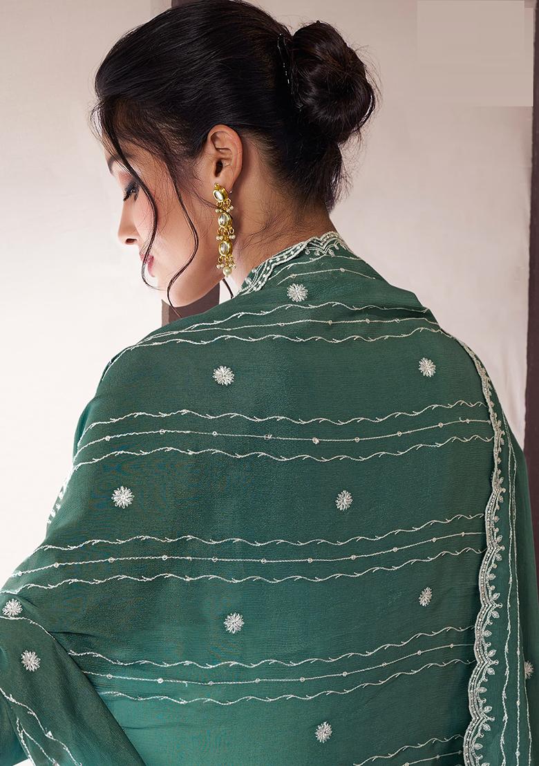 Green Embroidered Silk Salwar Kameez With Dupatta - Indya
