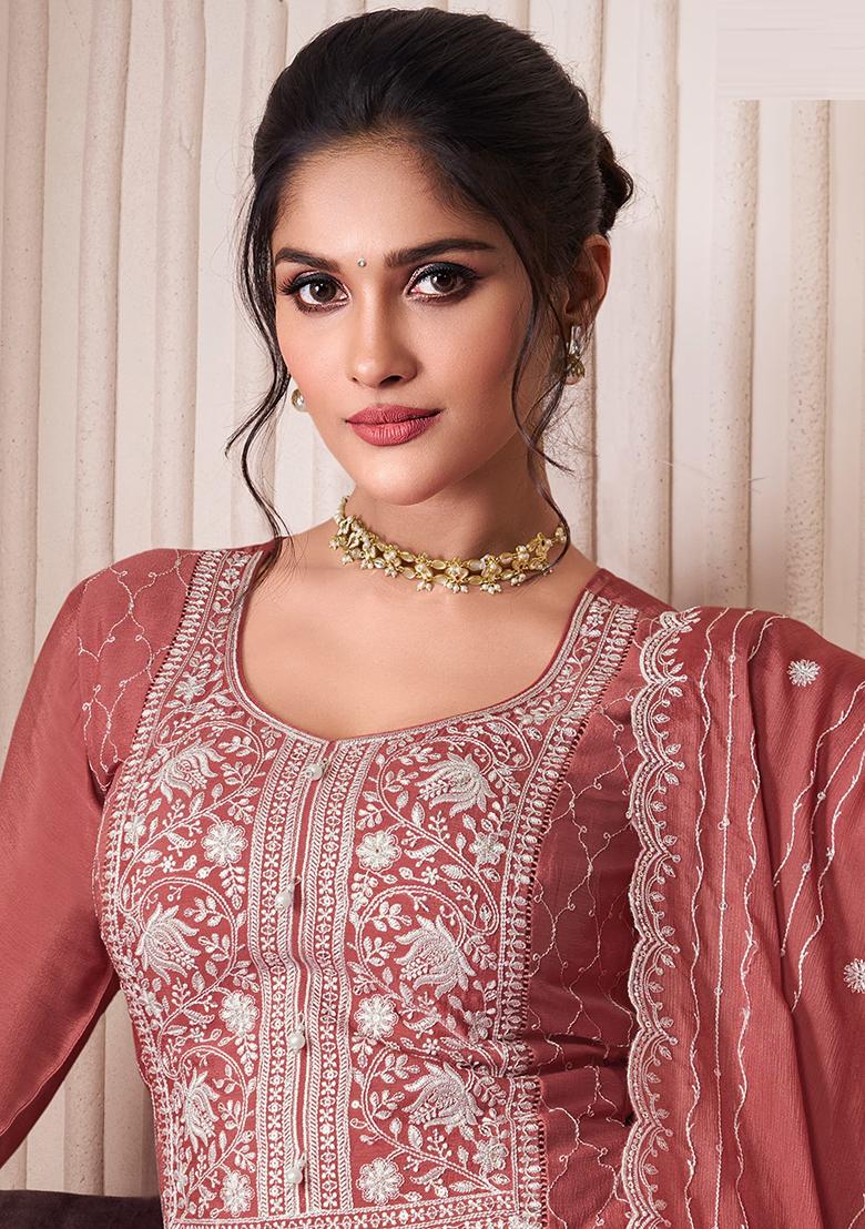 Peach Embroidered Silk Salwar Kameez With Dupatta - Indya