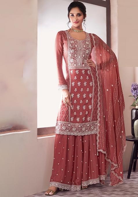 Peach Embroidered Silk Salwar Kameez With Dupatta