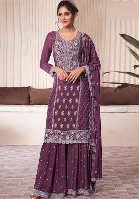 Wine Embroidered Silk Salwar Kameez With Dupatta