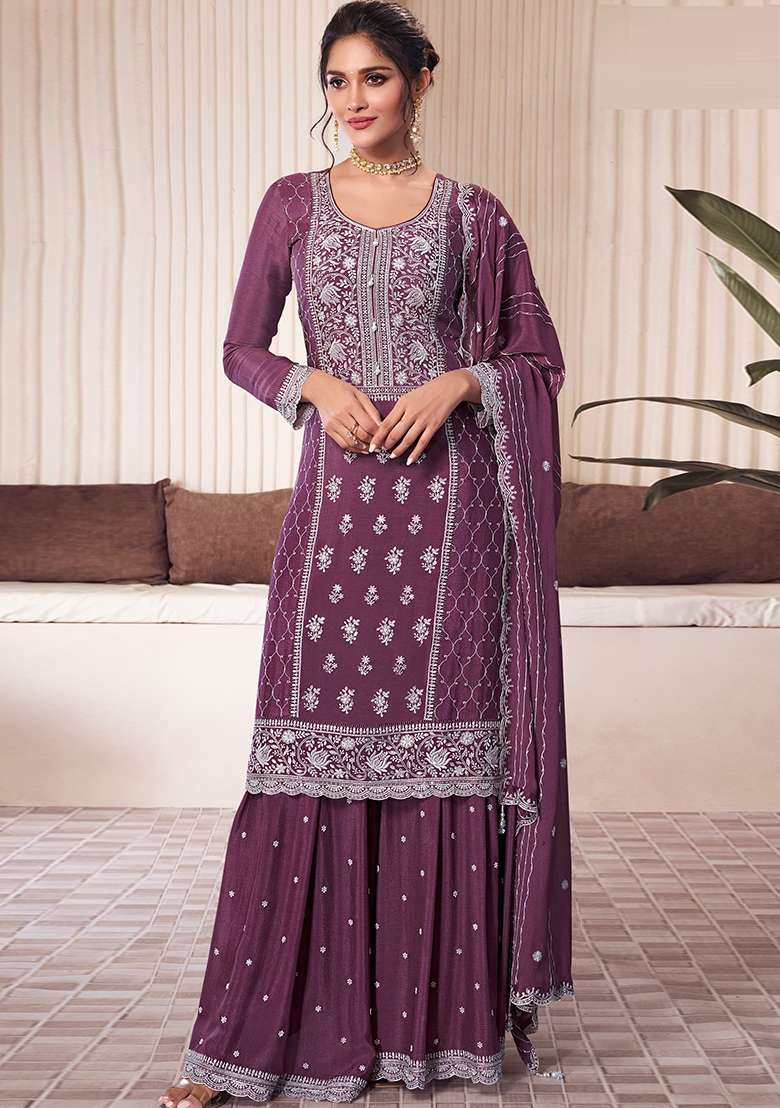 Wine Embroidered Silk Blend Sharara Set - Indya