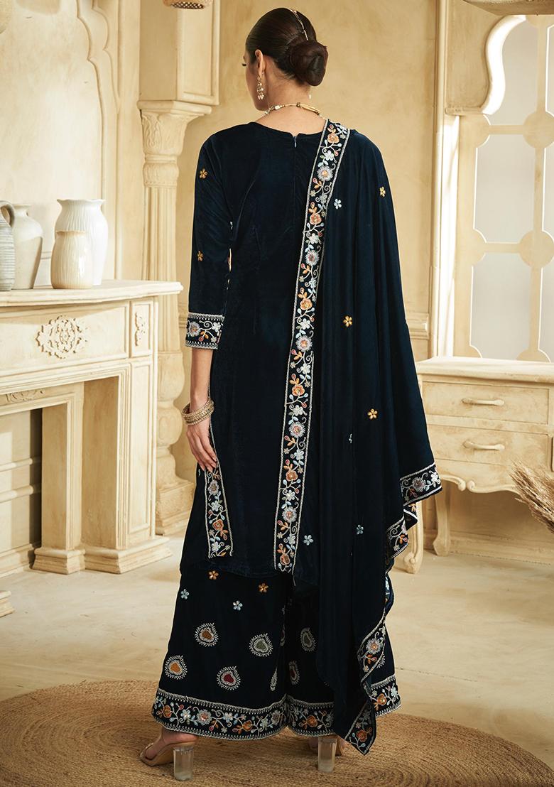 Dark Blue Embroidered Velvet Salwar Kameez With Dupatta - Indya