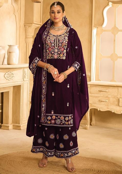 Wine Embroidered Velvet Salwar Kameez With Dupatta