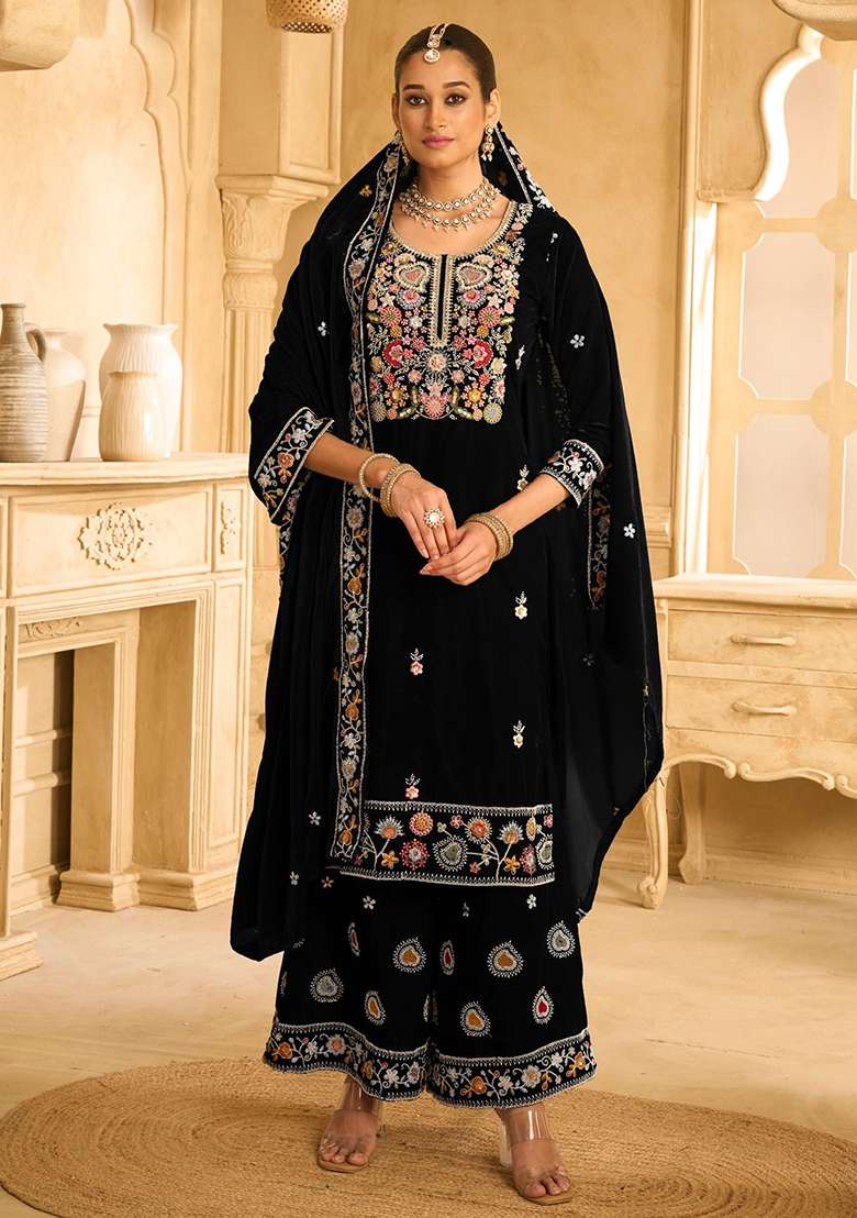Black Embroidered Velvet Sharara Set - Indya