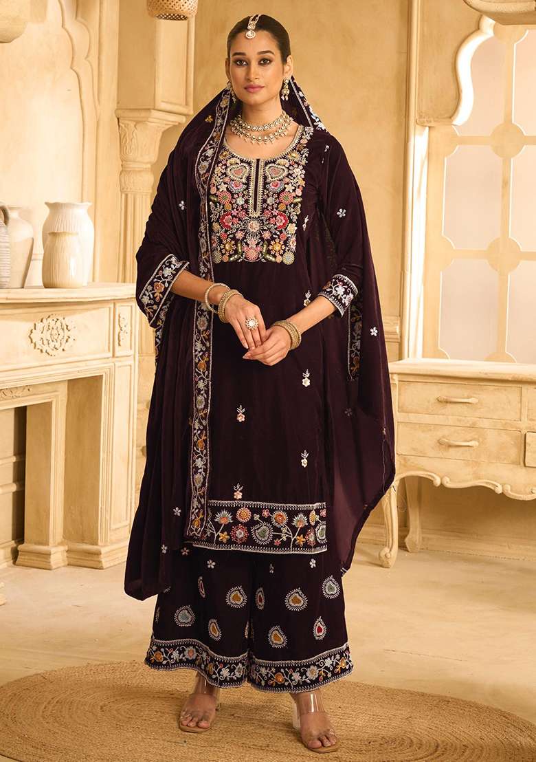 Maroon Embroidered Velvet Sharara Set - Indya