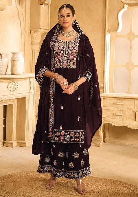 Maroon Embroidered Velvet Salwar Kameez With Dupatta