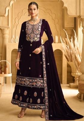 Maroon Embroidered Velvet Salwar Kameez With Dupatta