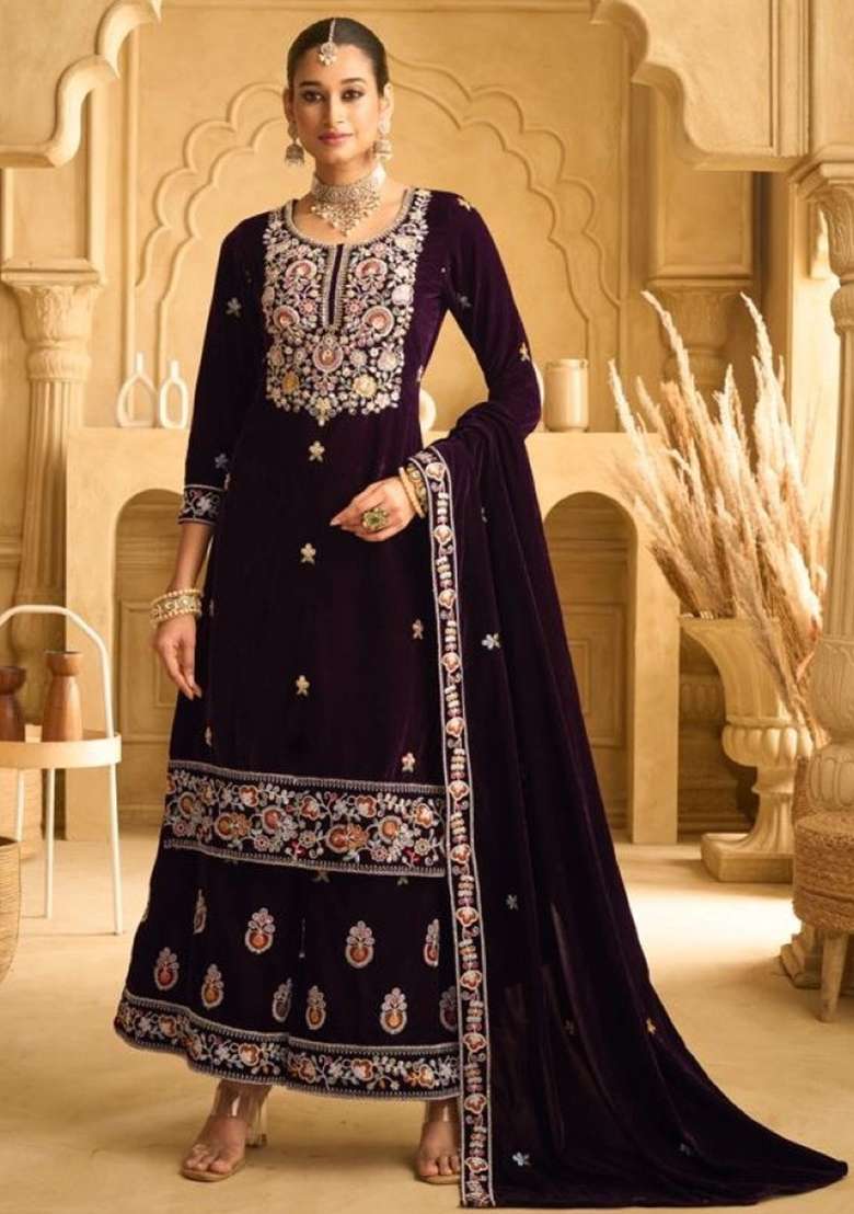 Maroon Embroidered Velvet Sharara Set - Indya