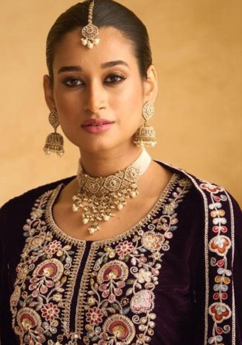 Maroon Embroidered Velvet Salwar Kameez With Dupatta - Indya