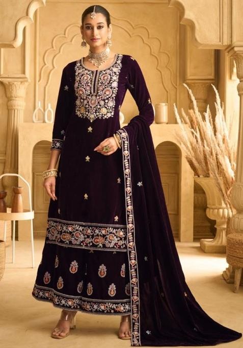 Maroon Embroidered Velvet Salwar Kameez With Dupatta