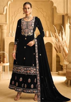 Black Embroidered Velvet Salwar Kameez With Dupatta