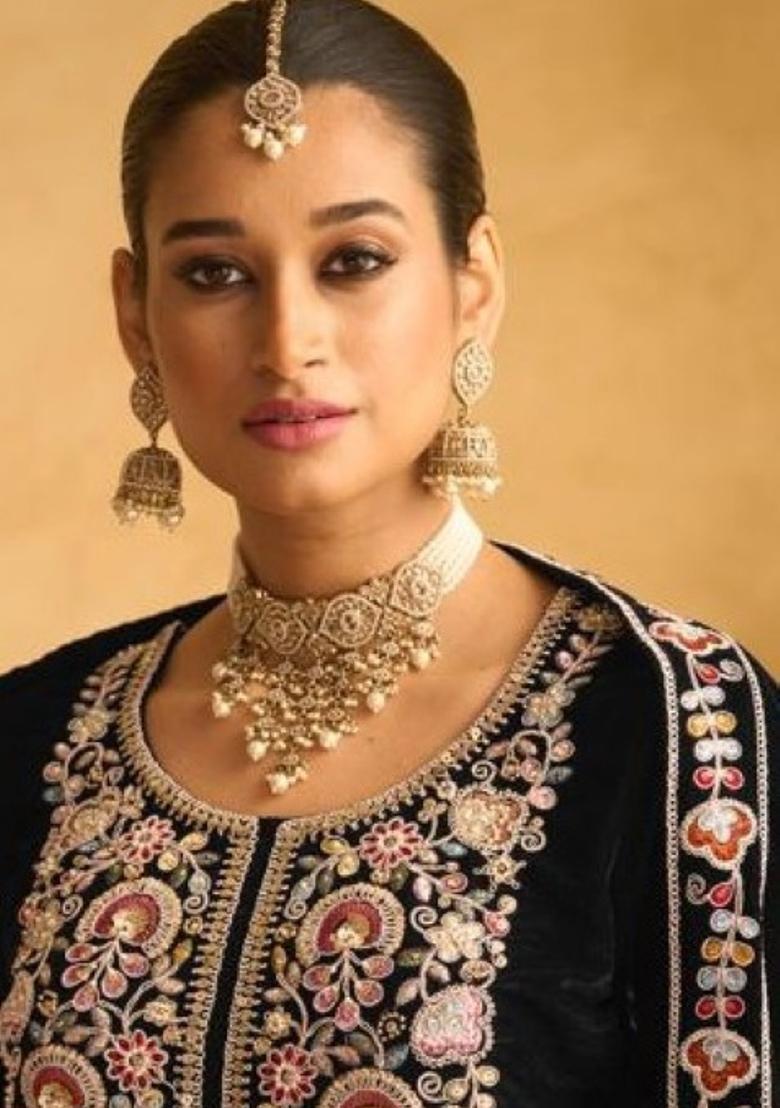 Black Embroidered Velvet Salwar Kameez With Dupatta - Indya