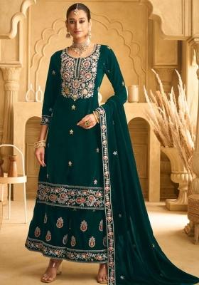 Dark Green Embroidered Velvet Salwar Kameez With Dupatta