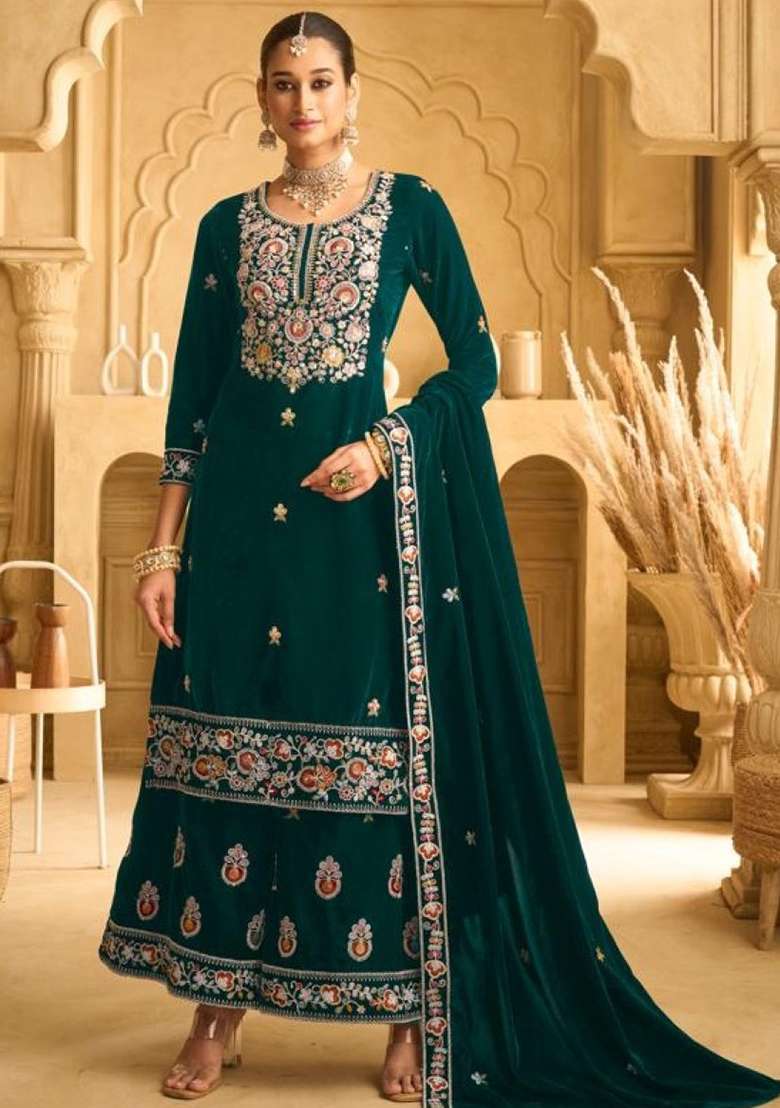 Dark Green Embroidered Velvet Sharara Set - Indya