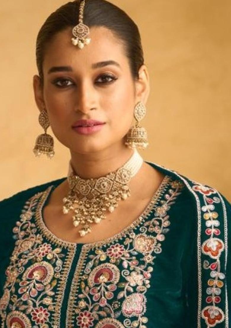 Dark Green Embroidered Velvet Salwar Kameez With Dupatta - Indya