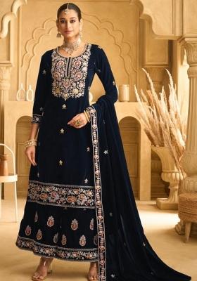 Dark Blue Embroidered Velvet Salwar Kameez With Dupatta