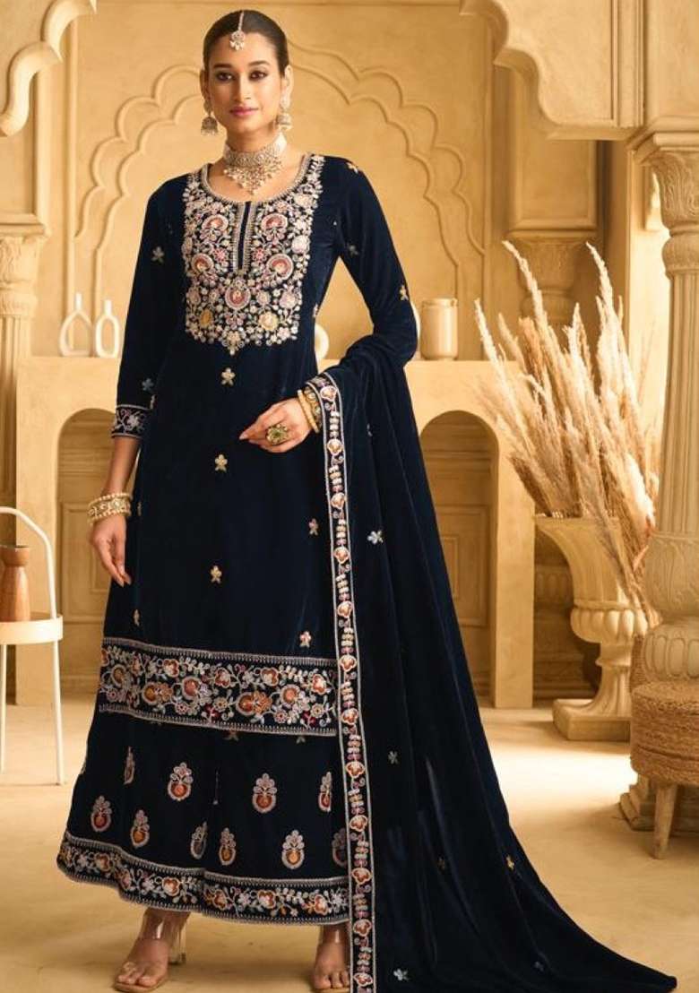 Dark Blue Embroidered Velvet Sharara Set - Indya