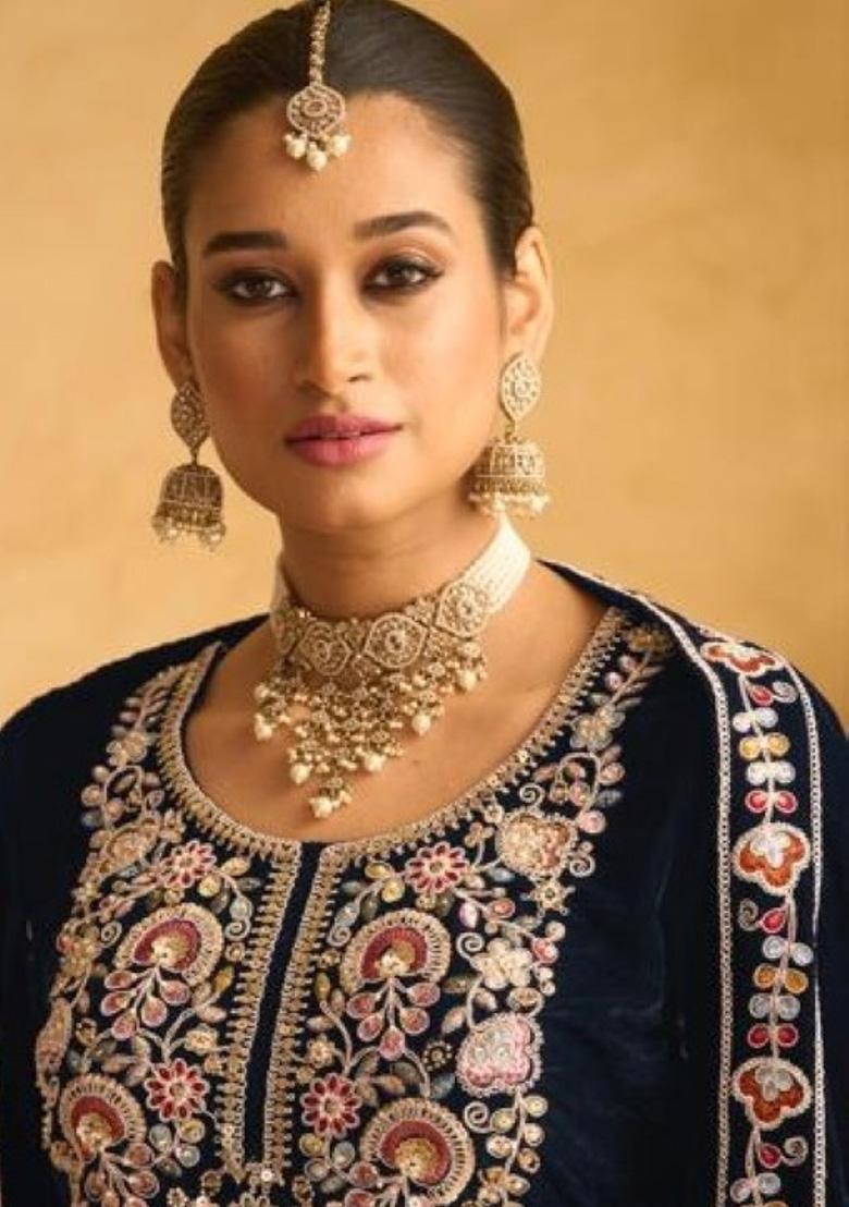 Dark Blue Embroidered Velvet Salwar Kameez With Dupatta - Indya