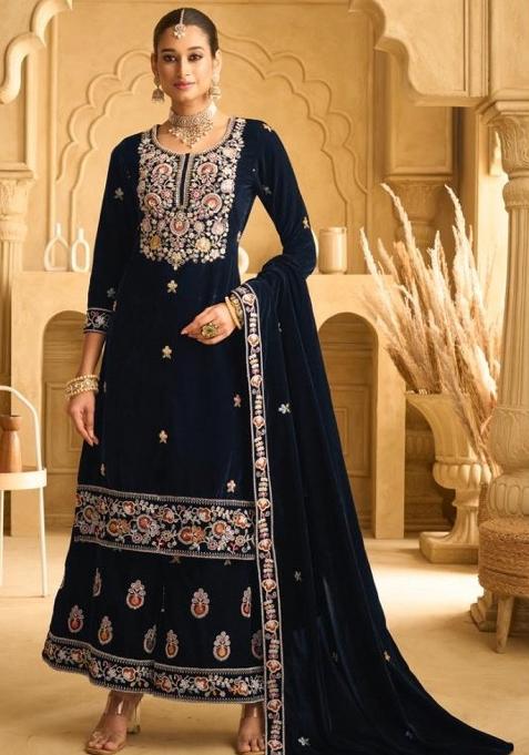Dark Blue Embroidered Velvet Salwar Kameez With Dupatta