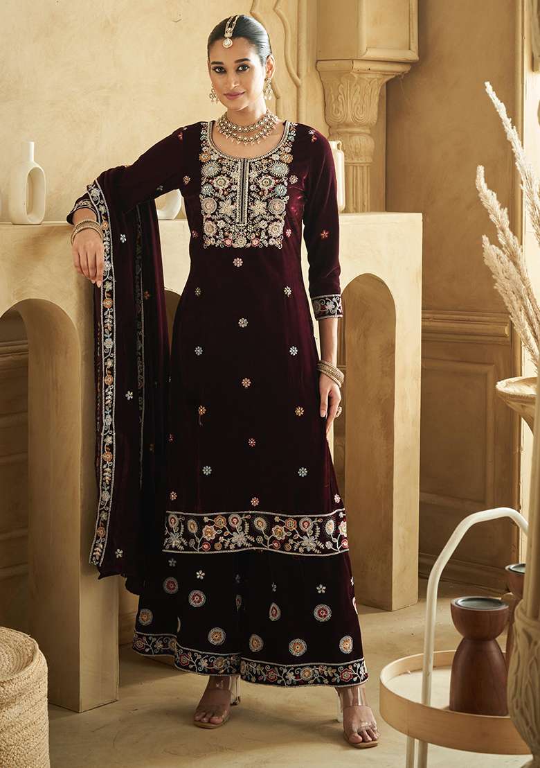 Purple Embroidered Velvet Sharara Set - Indya
