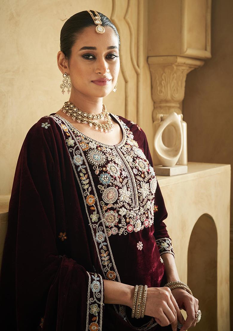 Purple Embroidered Velvet Salwar Kameez With Dupatta - Indya