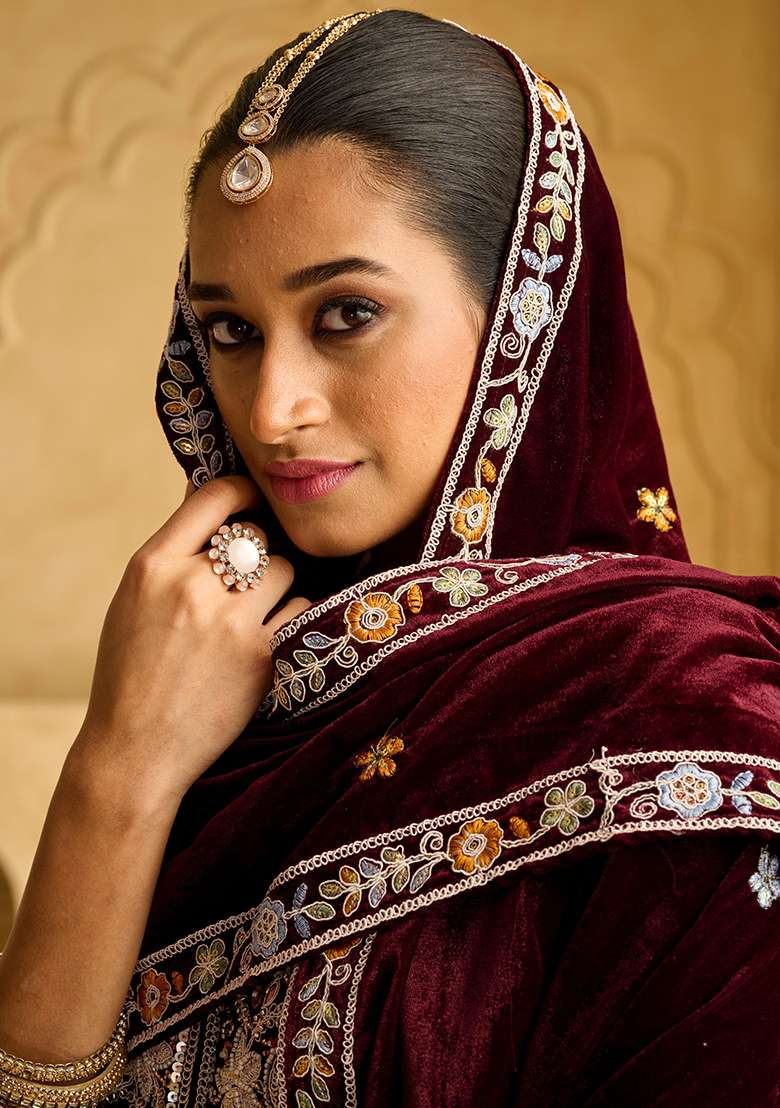 Purple Embroidered Velvet Sharara Set - Indya